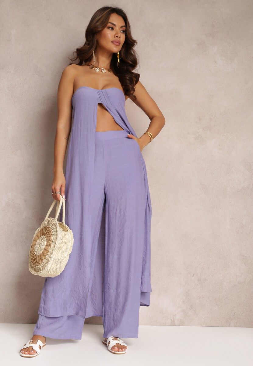 Fioletowy 2-częściowy Komplet Długi Top i Spodnie z Gumką w Pasie i Szerokimi Nogawkami Bincina