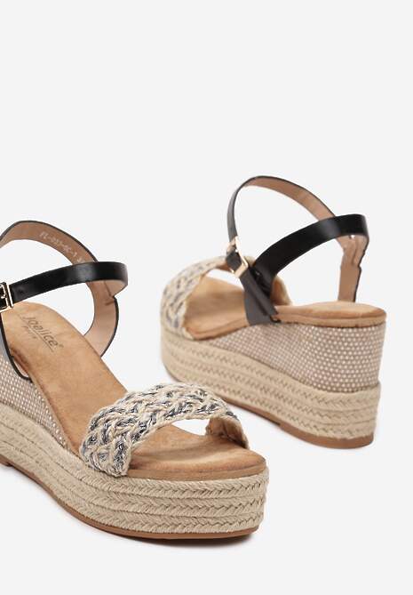 Czarne Sandały na Koturnie z Plecionki Ozdobione Metaliczną Nicią Zapinane na Sprzączkę Julalia