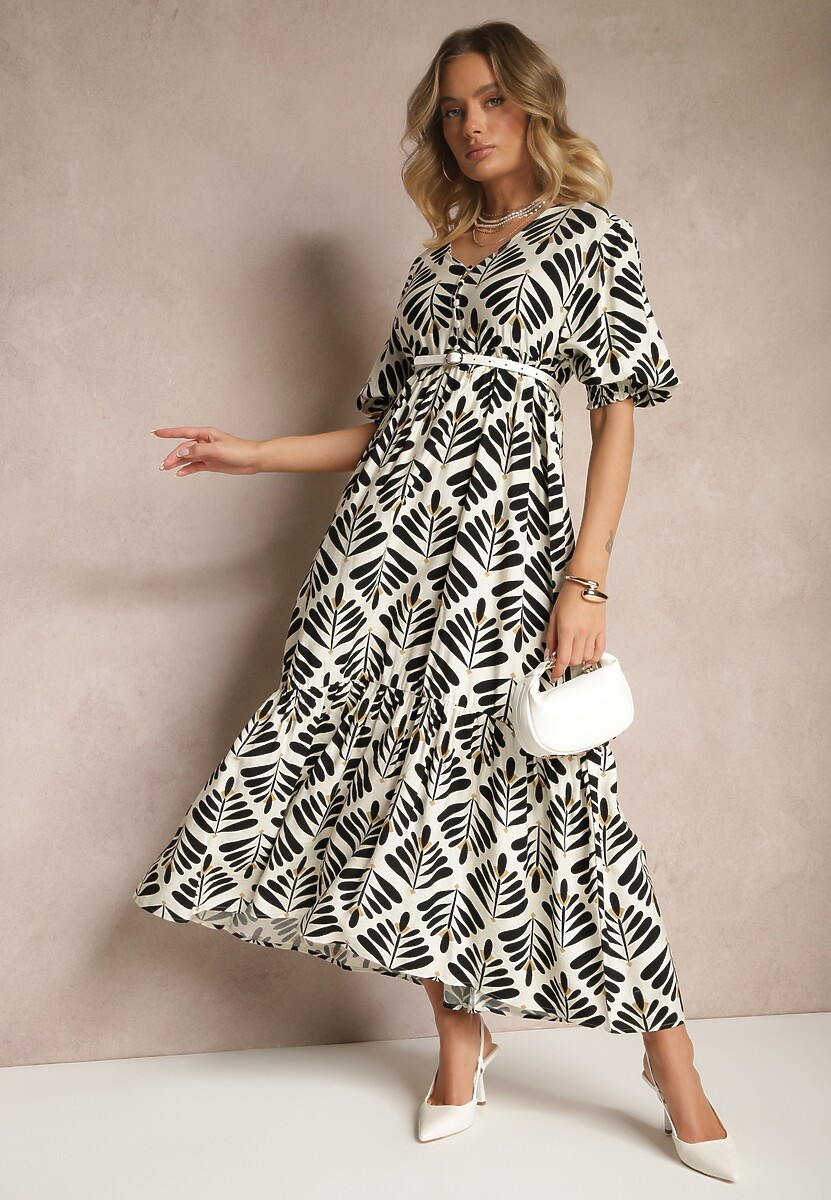 Czarna Sukienka z Wiskozą o Rozkloszowanym Kroju w Roślinny Wzór Heledis