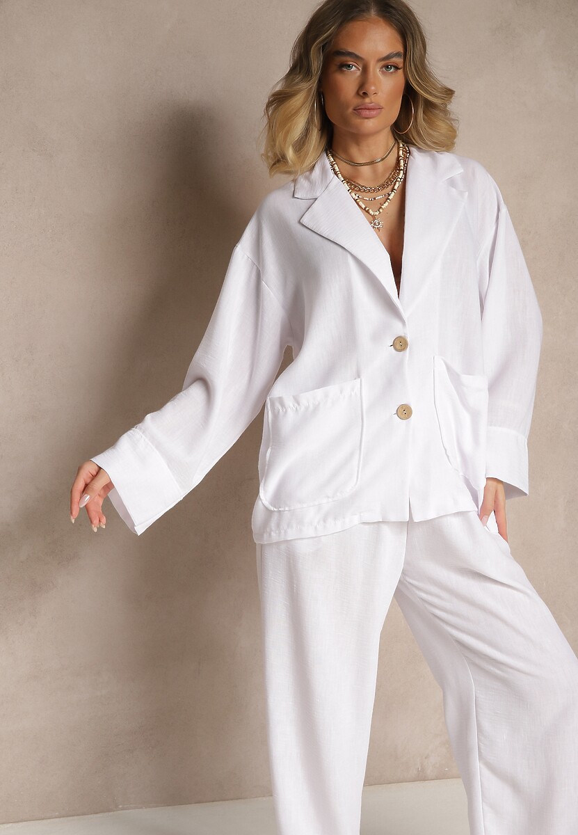 Niebieski Garniturowy Komplet Marynarka z Kieszeniami i Spodnie o Szerokim Kroju Tasvanis