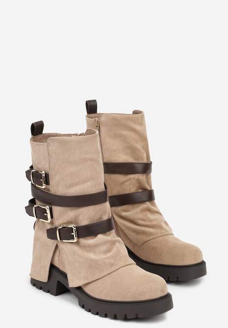 Ciemnobeżowe Botki Bikery Ozdobione Klamrami i Wywiniętą Cholewką Seride