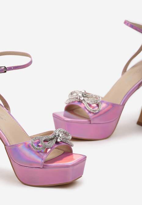 Różowe Sandały na Platformie i Szpilce z Kokardą z Cyrkoniami i Sprzączką Vlenikke