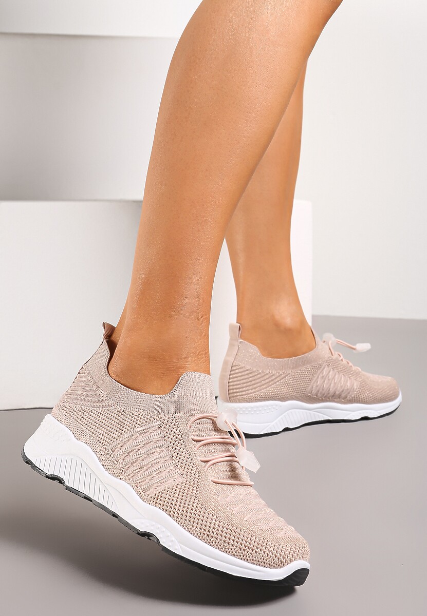 Beżowe Buty Sportowe Ściągane Gumką Ozdobione Metaliczną Nicią Rianelle