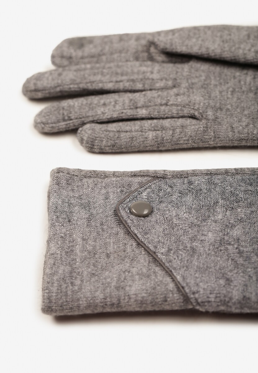 Szare Dzianinowe Rękawiczki Eleganckie z Ozdobnym Guzikiem Senindra