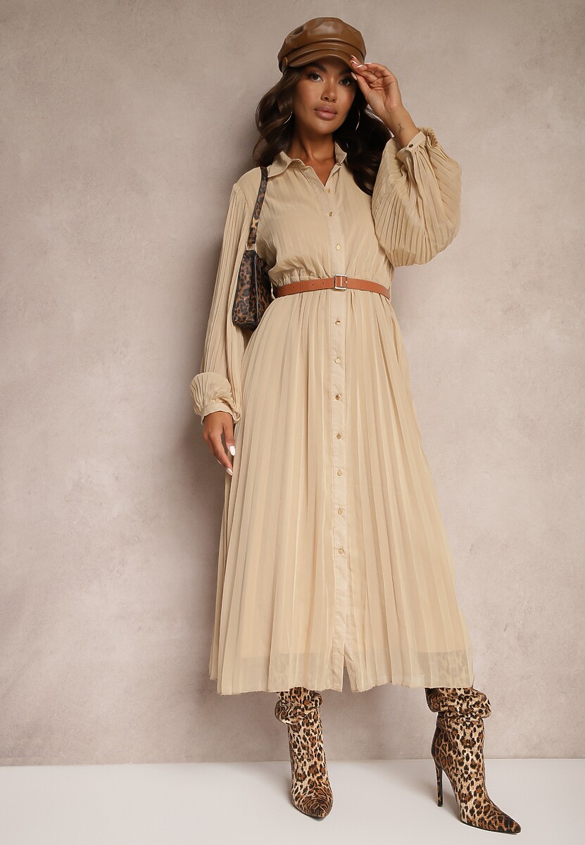 Beżowa Koszulowa Sukienka z Plisami i Dodatkowym Paskiem Miarosea