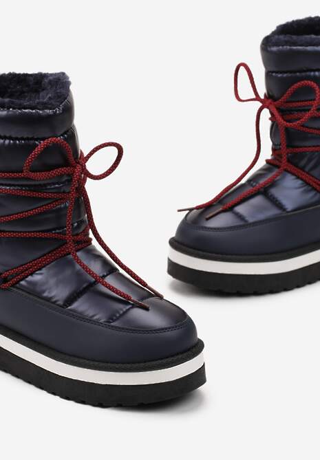 Granatowe Ocieplane Wsuwane Śniegowce na Grubej Podeszwie z Ozdobną Taśmą z Napisami Bharali