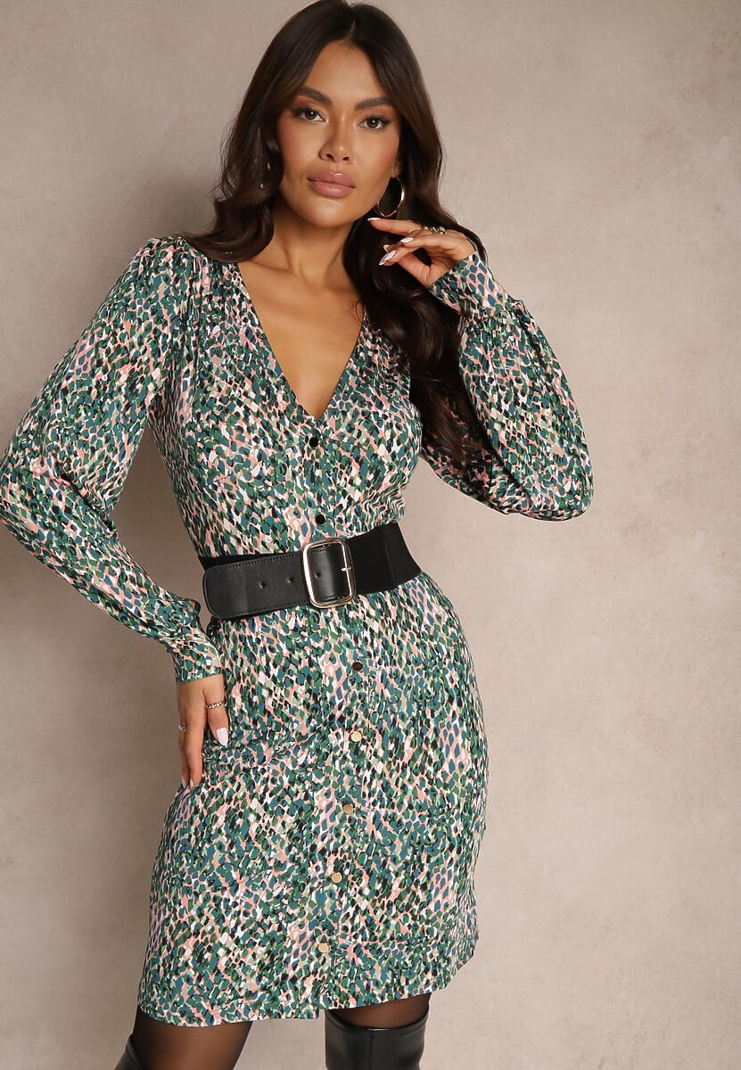 Zielona Wzorzysta Sukienka Mini z Głębokim Dekoltem i Mankietami Leossa