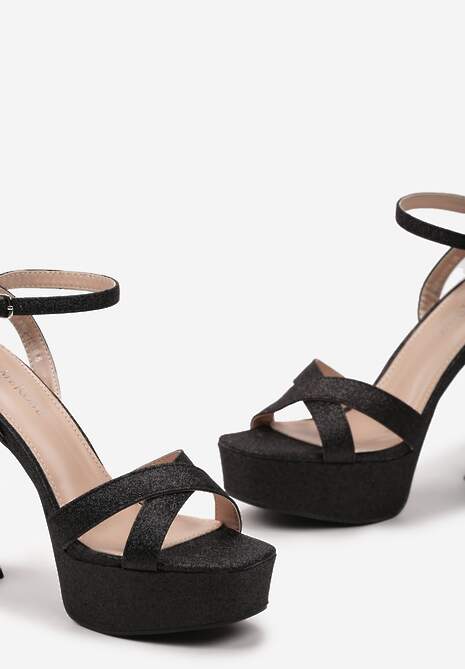 Czarne Brokatowe Sandały na Klepsydrowej Szpilce i Wysokiej Platformie Zarissa