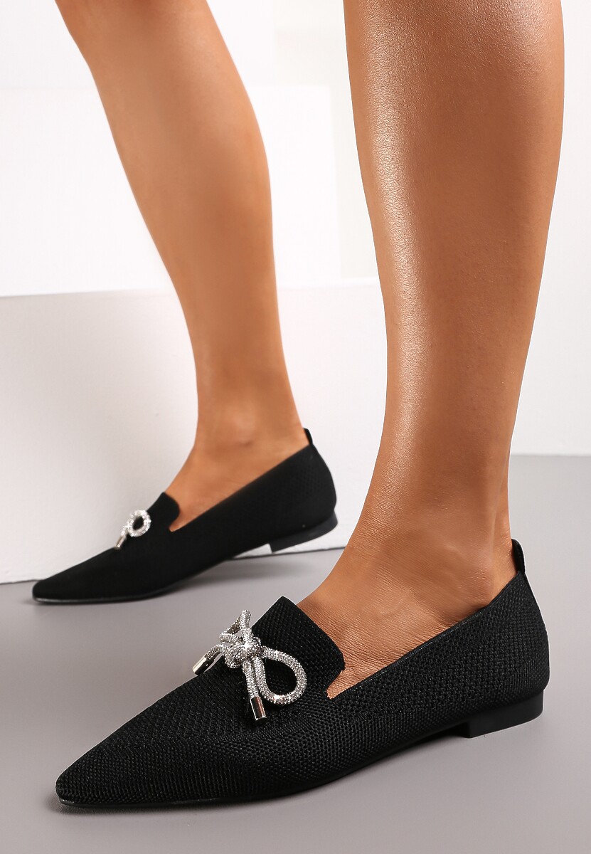 Czarne Balerinki na Płaskiej Podeszwie z Kokardką z Cyrkonii Preslia