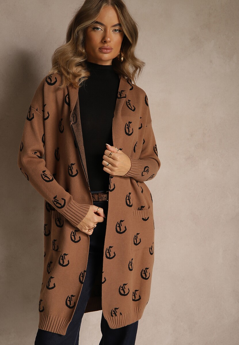 Jasnoszary Kardigan z Kapturem Ozdobiony Geometrycznym Motywem Ralanessa