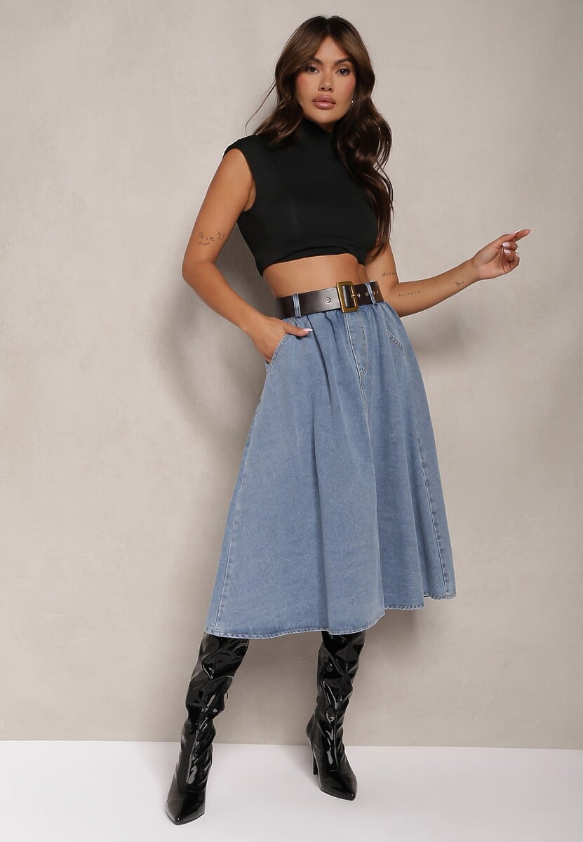 Niebieska Rozkloszowana Spódnica Jeansowa Midi z Paskiem Wendlla