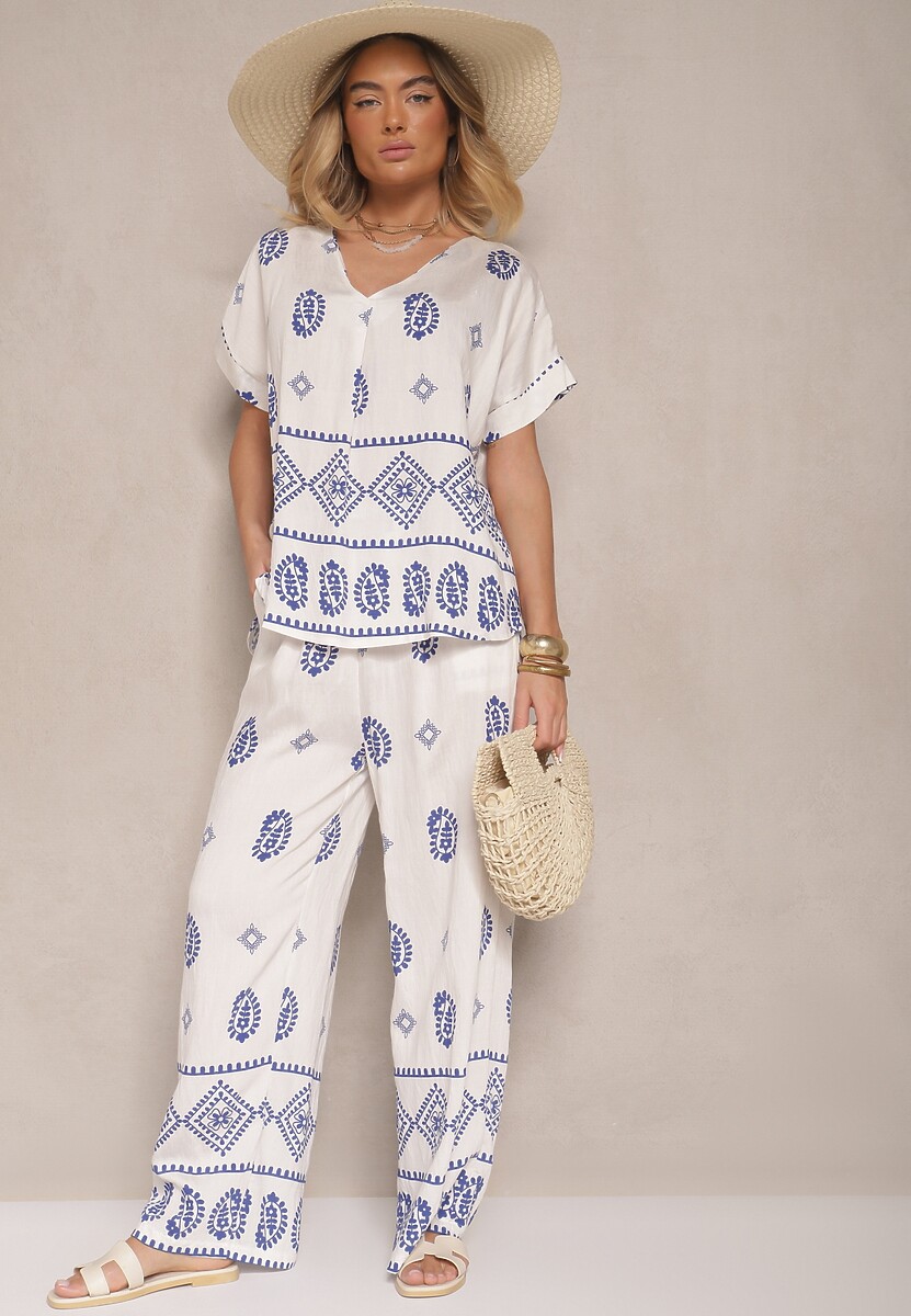 Niebiesko-Biały Komplet z Bawełny Spodnie o Szerokim Kroju i Koszula ze Wzorem Paisley Pavenn