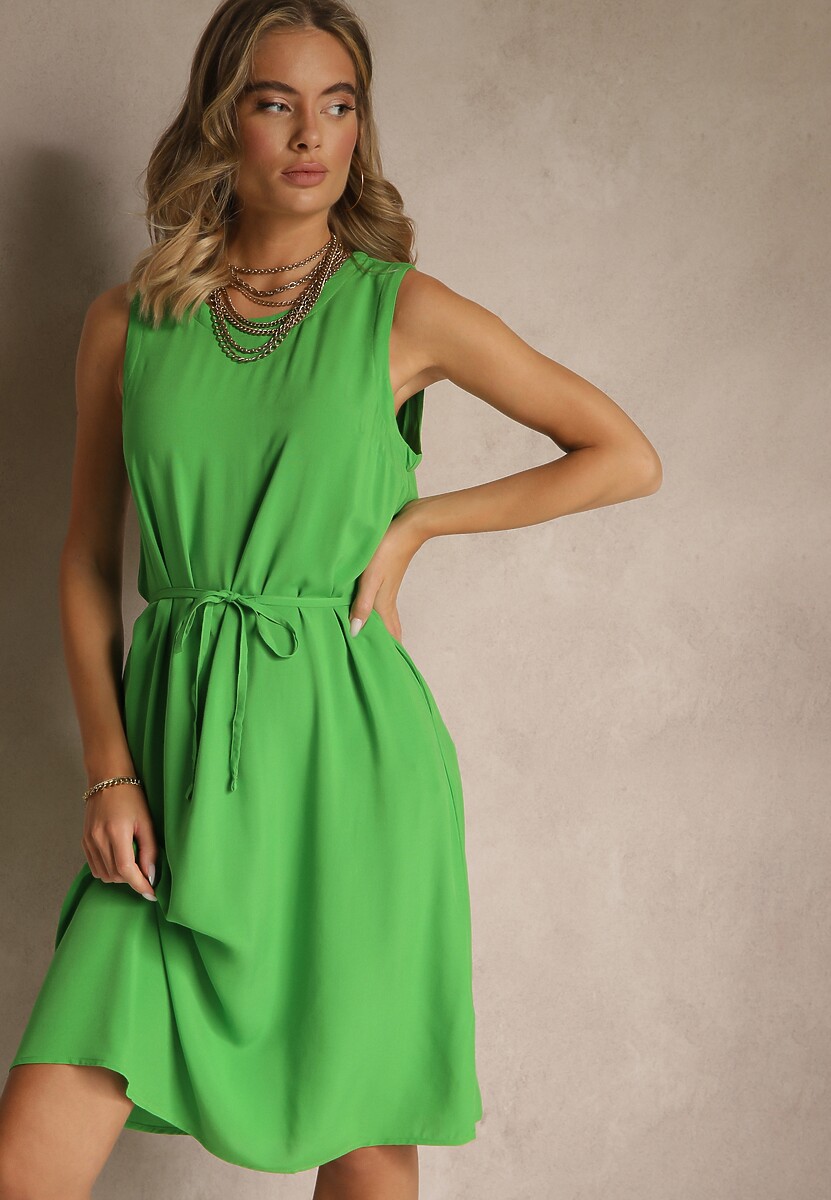 Zielona Sukienka z Wiskozy Ozdobiona Paskiem Ralanisse