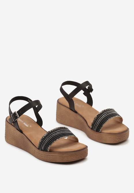 Czarne Sandały Zapinane przy Kostce z Cyrkoniami na Koturnie Madoka