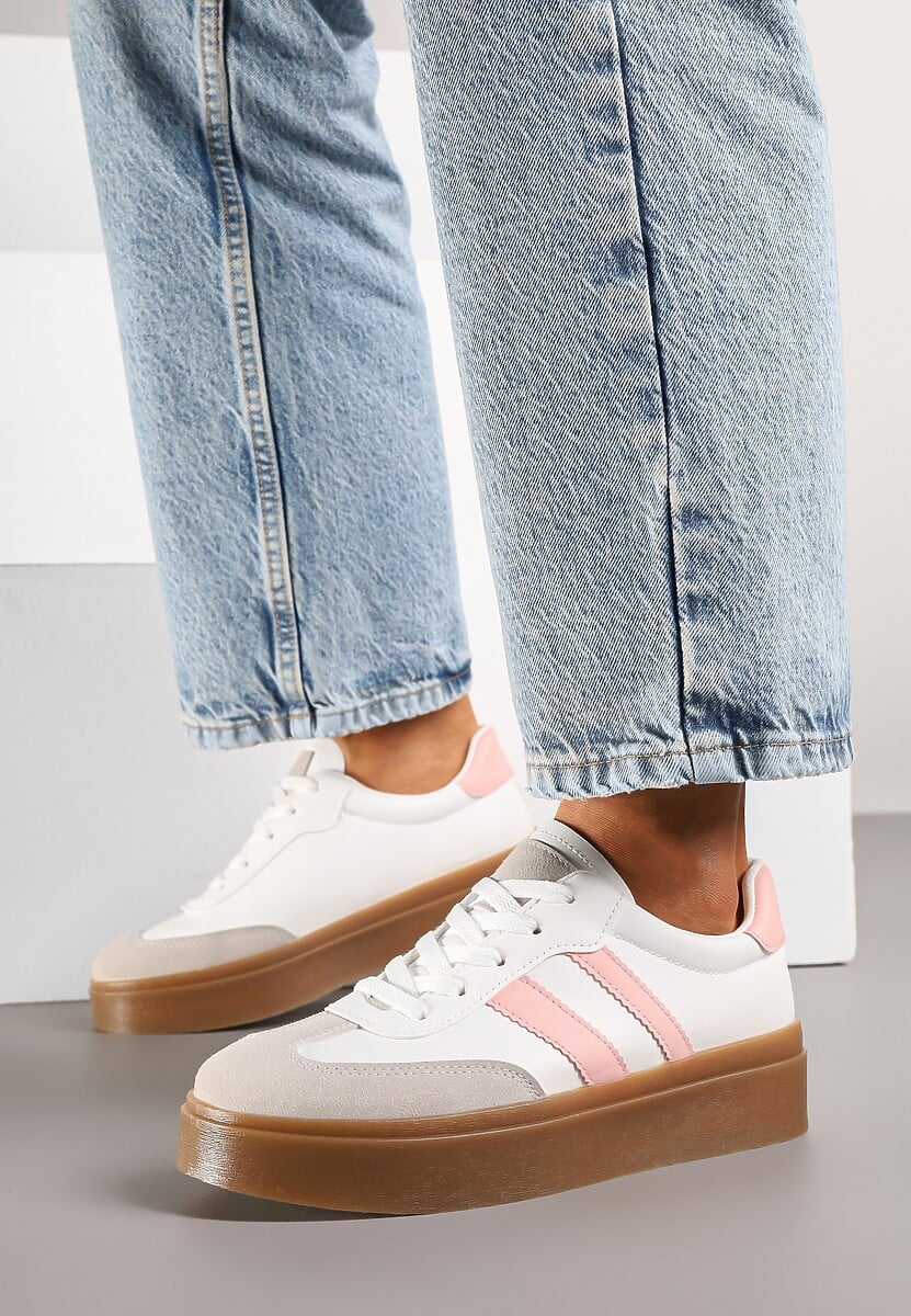 Biało-Różowe Sneakersy na Kauczukowej Podeszwie Ozdobione Paskami Nilimea