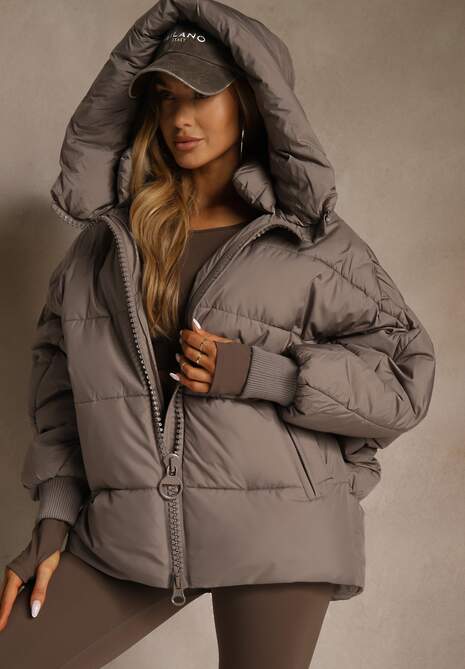 Ciemnobeżowa Oversizowa Kurtka Puffer z Kaputrem Mevenassa