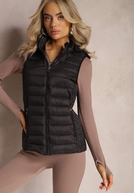 Czarna Kamizelka Pikowana z Kapturem Dominica