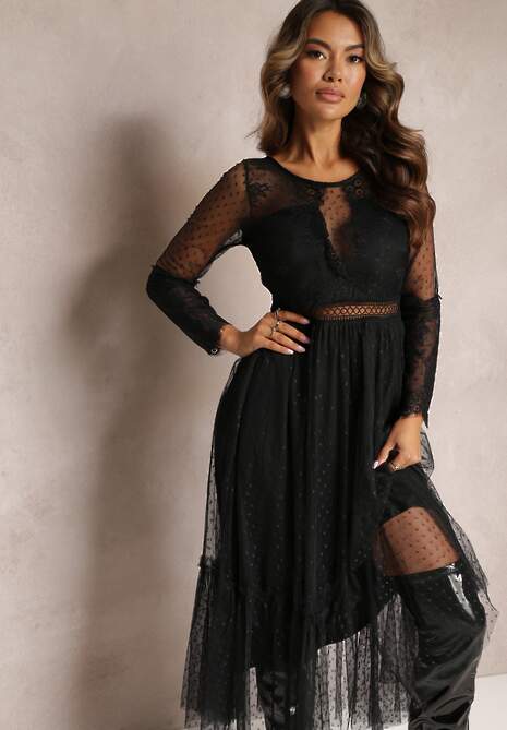 Czarna Rozkloszowana Sukienka Maxi z Koronkowymi Wstawkami i Tiulem Kollla