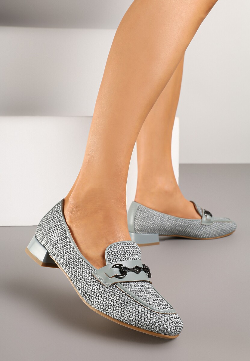 Szare Mokasyny z Wkładką ze Skóry Naturalnej Zdobione Plecionką i Aplikacją Falenitia