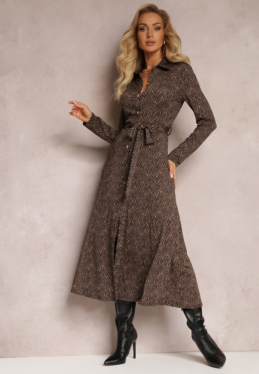 Granatowa Koszulowa Sukienka Midi z Wiązanym Paskiem Xudilla