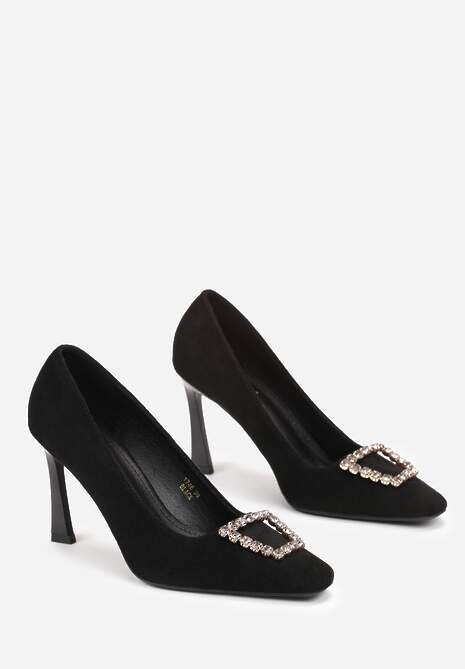 Czarne Szpilki z Klamrą w Cyrkonie i Kwadratowym Noskiem Marilan