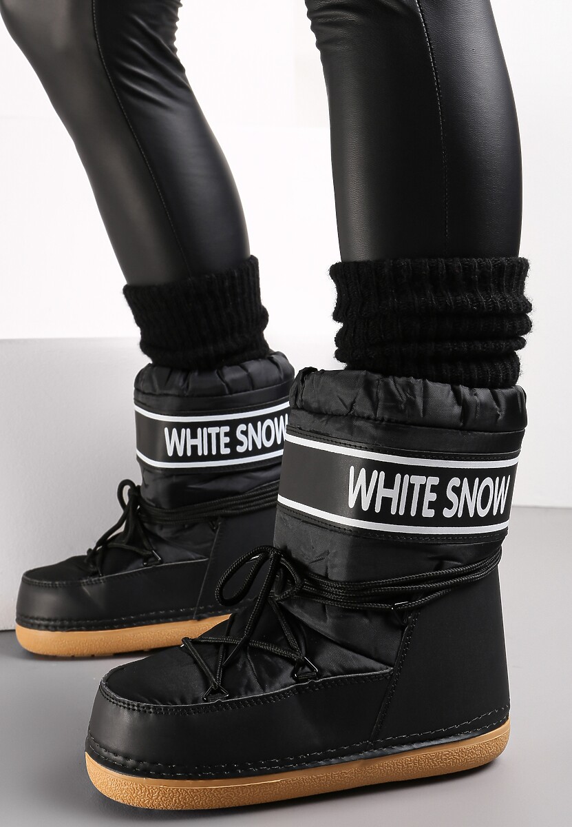 Czarne Ocieplone Śniegowce Wsuwane z Ozdobnym Napisem i Sznurowaniem Nalissa