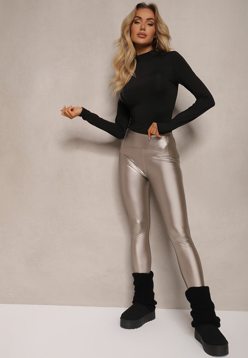 Srebrne Legginsy z Imitacji Skóry High Waist z Polarem Labrinne