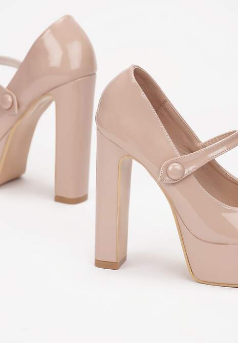 Beżowe Czółenka Lakierowane na Platformie i Słupku Crocco