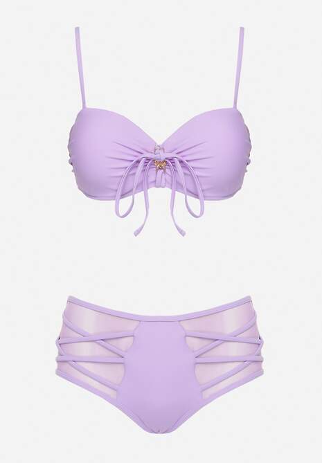 Fioletowe Bikini Biustonosz i Majtki Figi High Waist z Siateczkowymi Zdobieniami Kinovia
