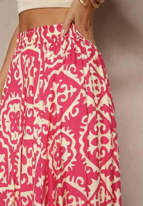 Fuksjowa Spódnica z Wiskozy z Geometrycznym Motywem Axeria