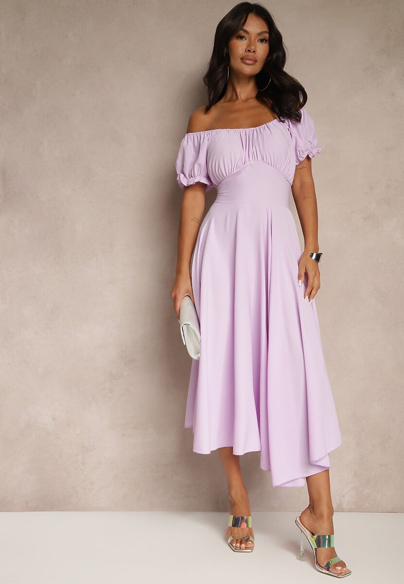 Fioletowa Sukienka Hiszpanka z Bawełną Ozdobiona Bufkami Lunoria