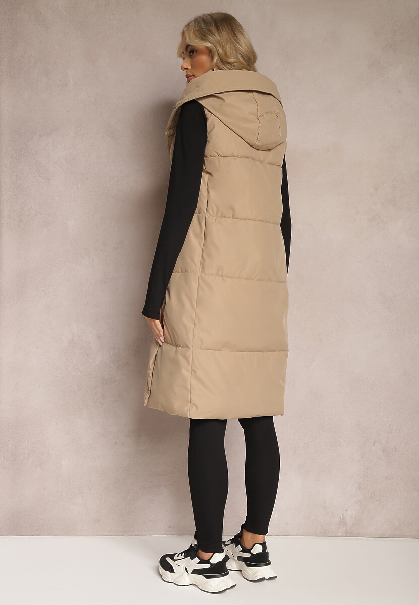 Beżowa Pikowana Kamizelka o Długim Kroju z Nieodpinanym Kapturem Naiarres