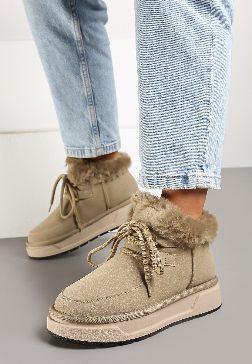 Ciemnobeżowe Mocno Ocieplane Śniegowce ze Sznurowaną Cholewką Obszytą Futrem Sintetta
