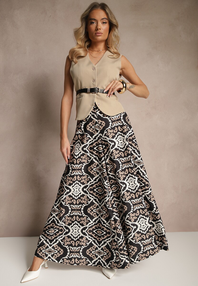 Czarne Szerokie Spodnie z Wiskozy High Waist w Geometryczny Wzór Firdexia