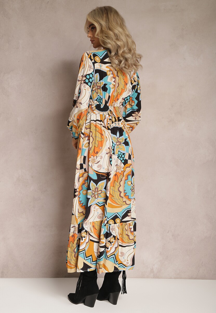 Beżowa Kopertowa Sukienka Maxi w Fantazyjny Nadruk Leanda