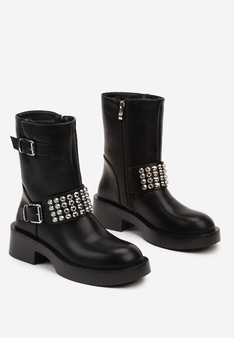 Czarne Botki Biker z Ćwiekami na Szerokim Pasku Ezila