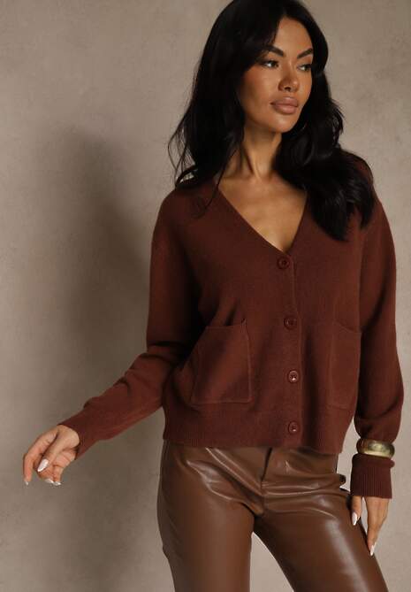 Brązowy Kardigan na Guziki z Domieszką Kaszmiru Vetiella