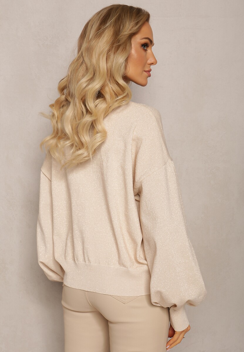 Beżowy Klasyczny Sweter z Metaliczną Nitką i Napisem Actylia