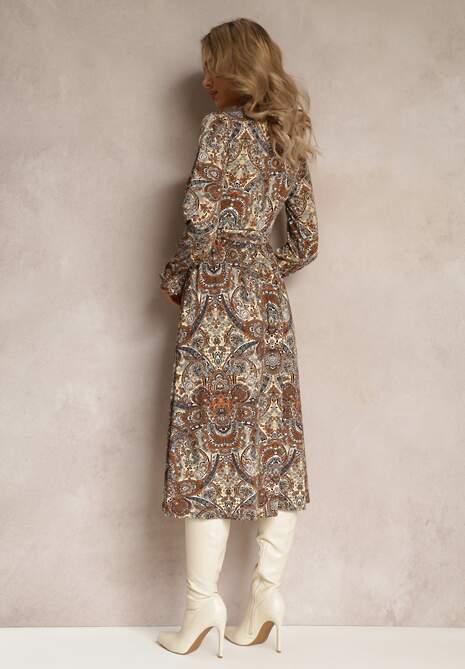 Brązowo-Beżowa Sukienka Midi z Wzorem Paisley i Gumką w Talii Alynthe