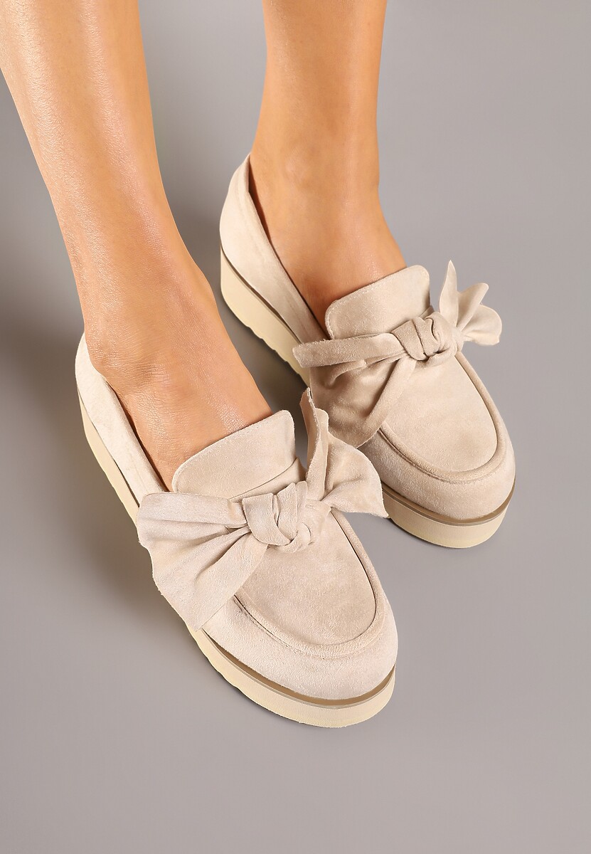 Beżowe Mokasyny z Ekozamszu na Niskiej Platformie z Ozdobną Kokardą Nusalena