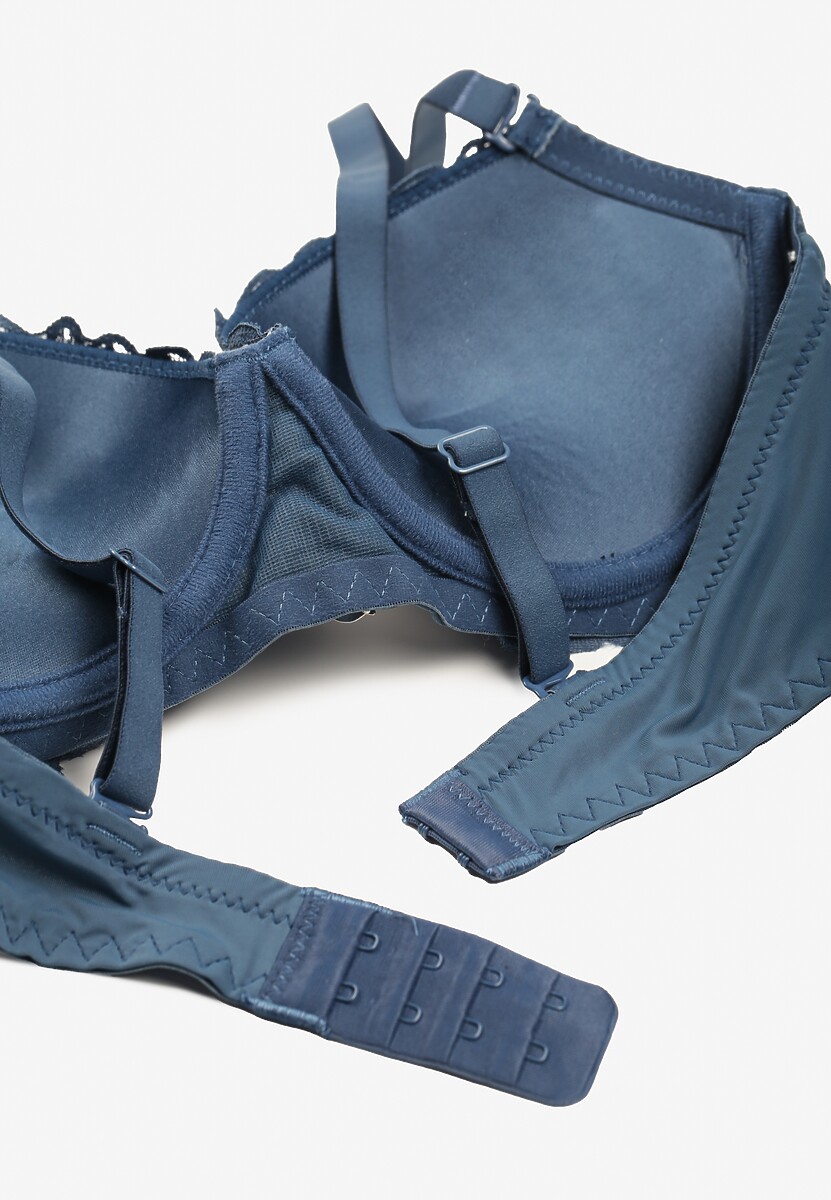 Granatowy Biustonosz Push Up Ozdobiony Koronką z Odpinanymi Ramiączkami z Regulacją Bilania