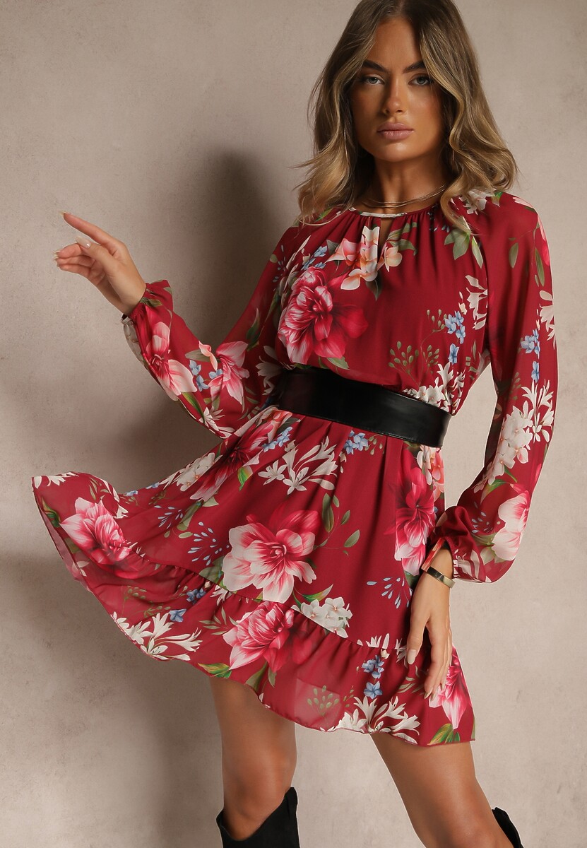 Bordowa Rozkloszowana Sukienka Ozdobiona Kwiatowym Wzorem Zerovia