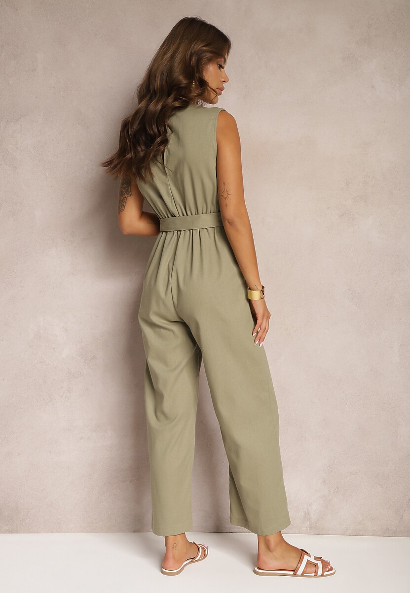 Ciemnozielony Bawełniany Kombinezon z Kopertowym Dekoltem Paskiem z Klamrą i Gumką w Talii Risalen