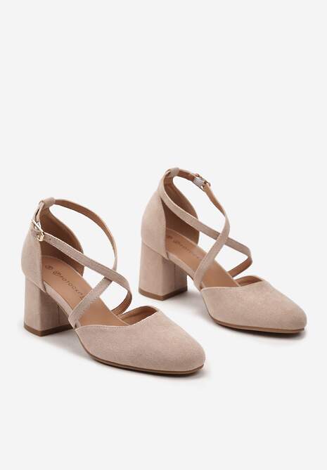 Beżowe Czółenka ze Skórzaną Wkładką na Słupku ze Sprzączką i Paseczkami Shaedra