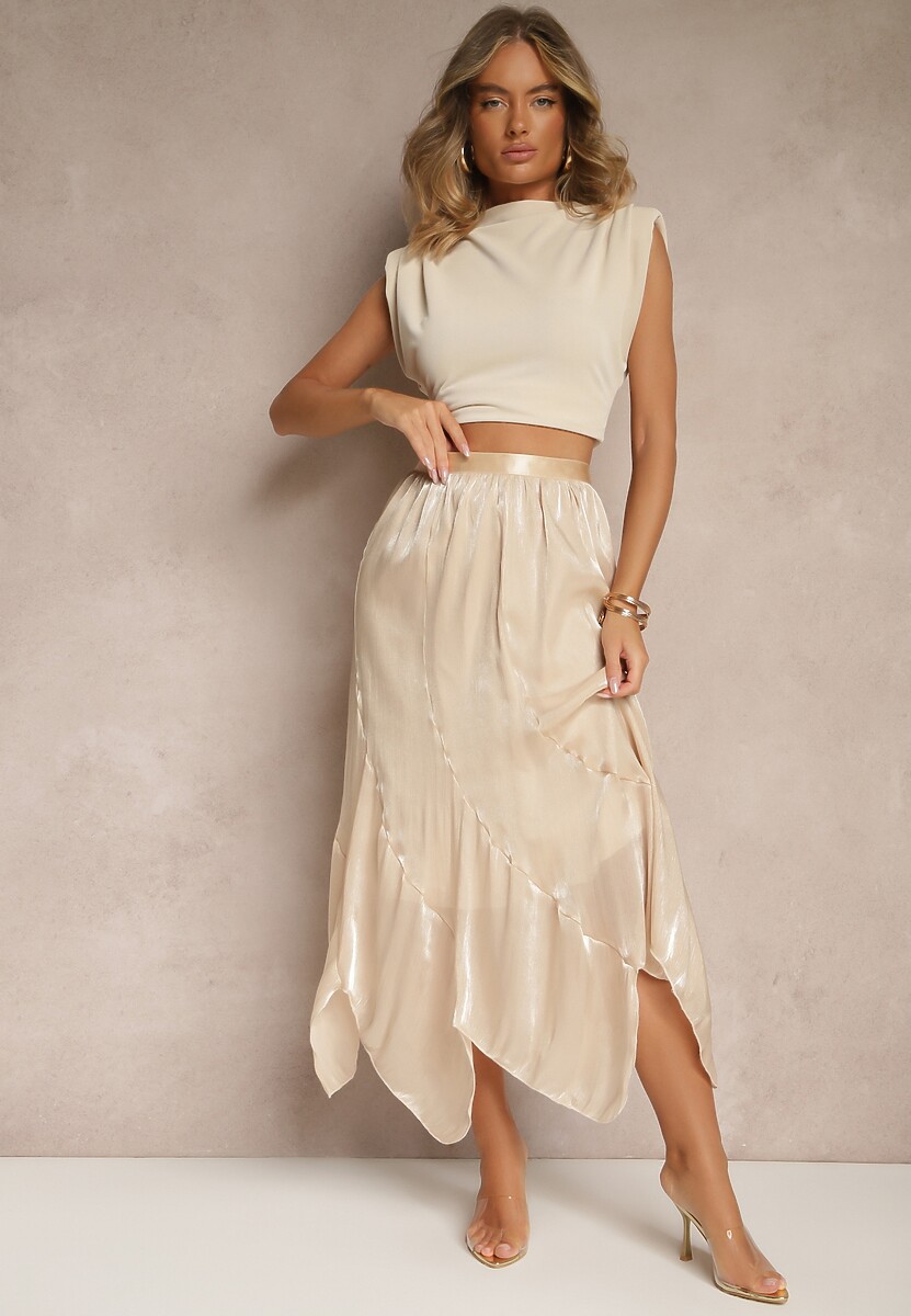 Beżowa Spódnica o Rozkloszowanym Kroju z Błyszczącą Nitką Lumorisse