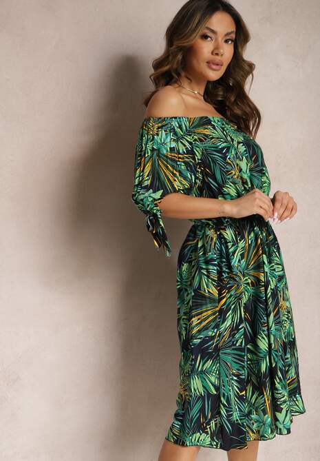 Granatowo-Zielona Sukienka Hiszpanka Bawełniana z Materiałowym Paskiem Wiązana przy Rękawach Daritia