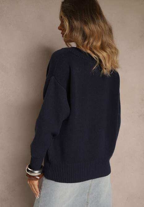 Granatowy Sweter z Kaszmirem i Trójkątnym Dekoltem Plenne