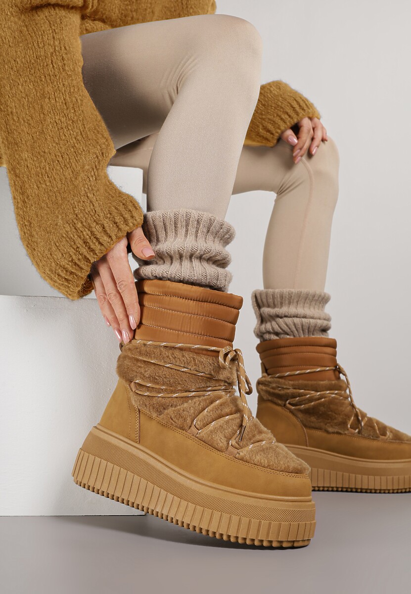 Jasnobrązowe Śniegowce na Platformie z Tłoczeniem Ozdobione Futerkiem i Pikowaniem Adallie