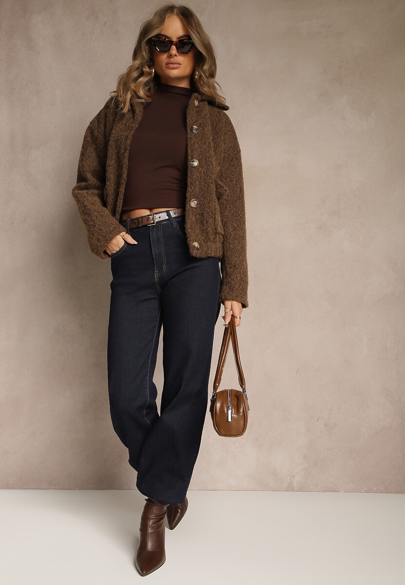 Brązowa Kurtka Koszulowa z Supełkowym Splotem i Gumką w Pasie Uniamesa