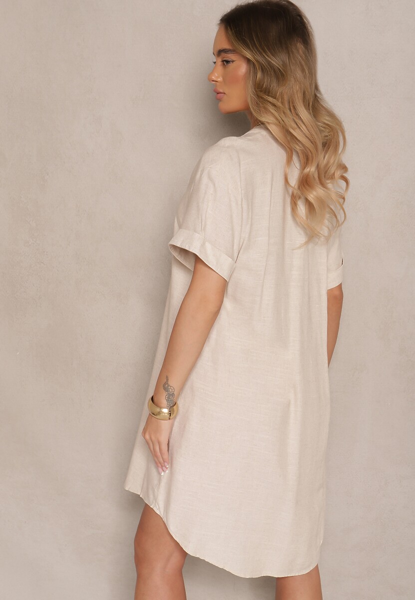 Jasnobeżowa Sukienka z Bawełny o Pudełkowym Kroju z Dużymi Guzikami Elanorella